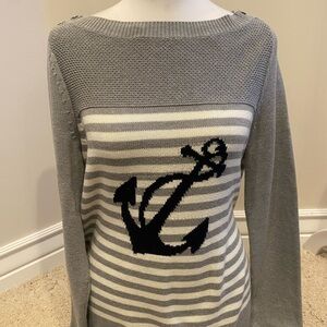 Talbots Gray and White Striped Anchor Sweater